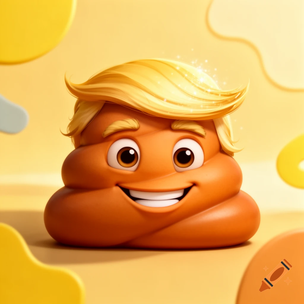 A smiling orange poop emoji with bright blonde, styled hair similar to Donald Trump's, set against a soft yellow background.