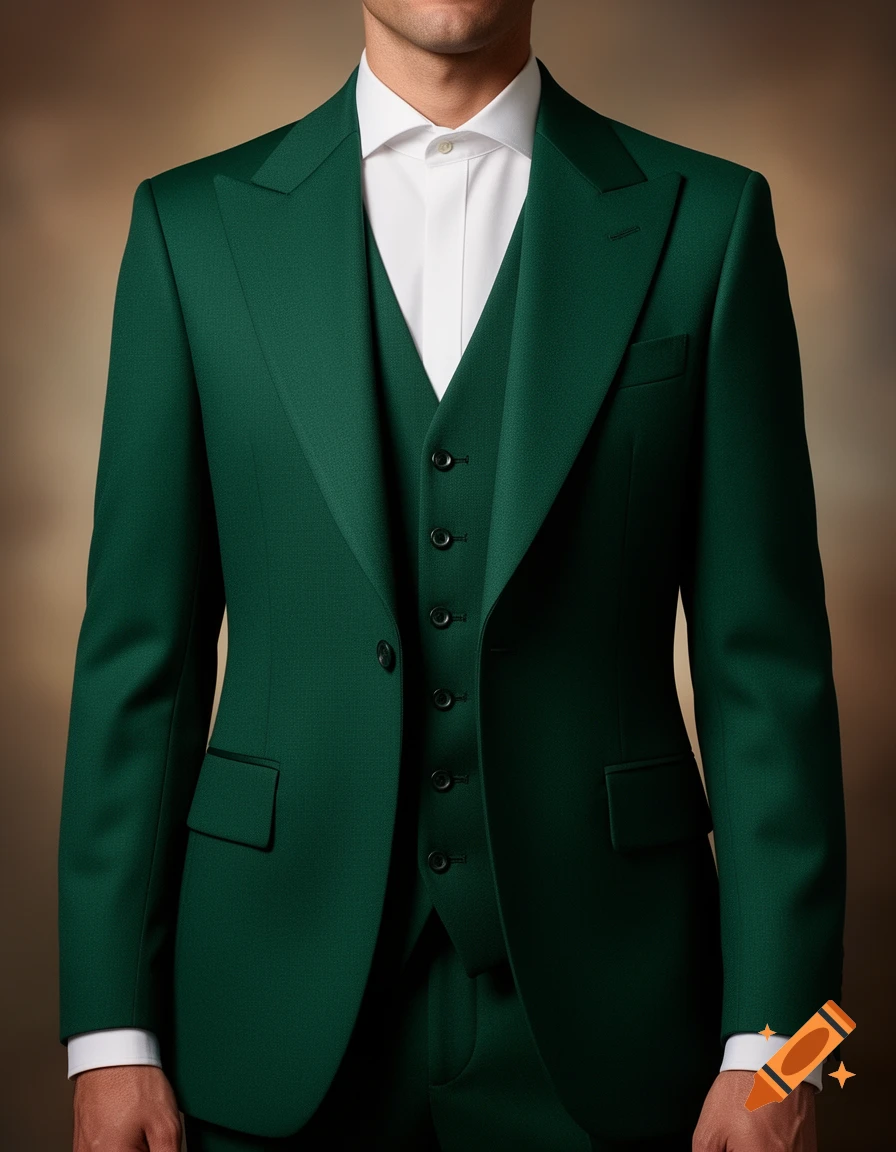 A man wears a tailored, dark green 3-piece suit with a white shirt.