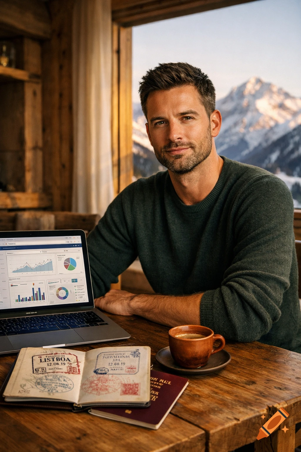 A man works on a laptop at a rustic wooden table in a chalet, with a passport and coffee, overlooking snowy mountains.