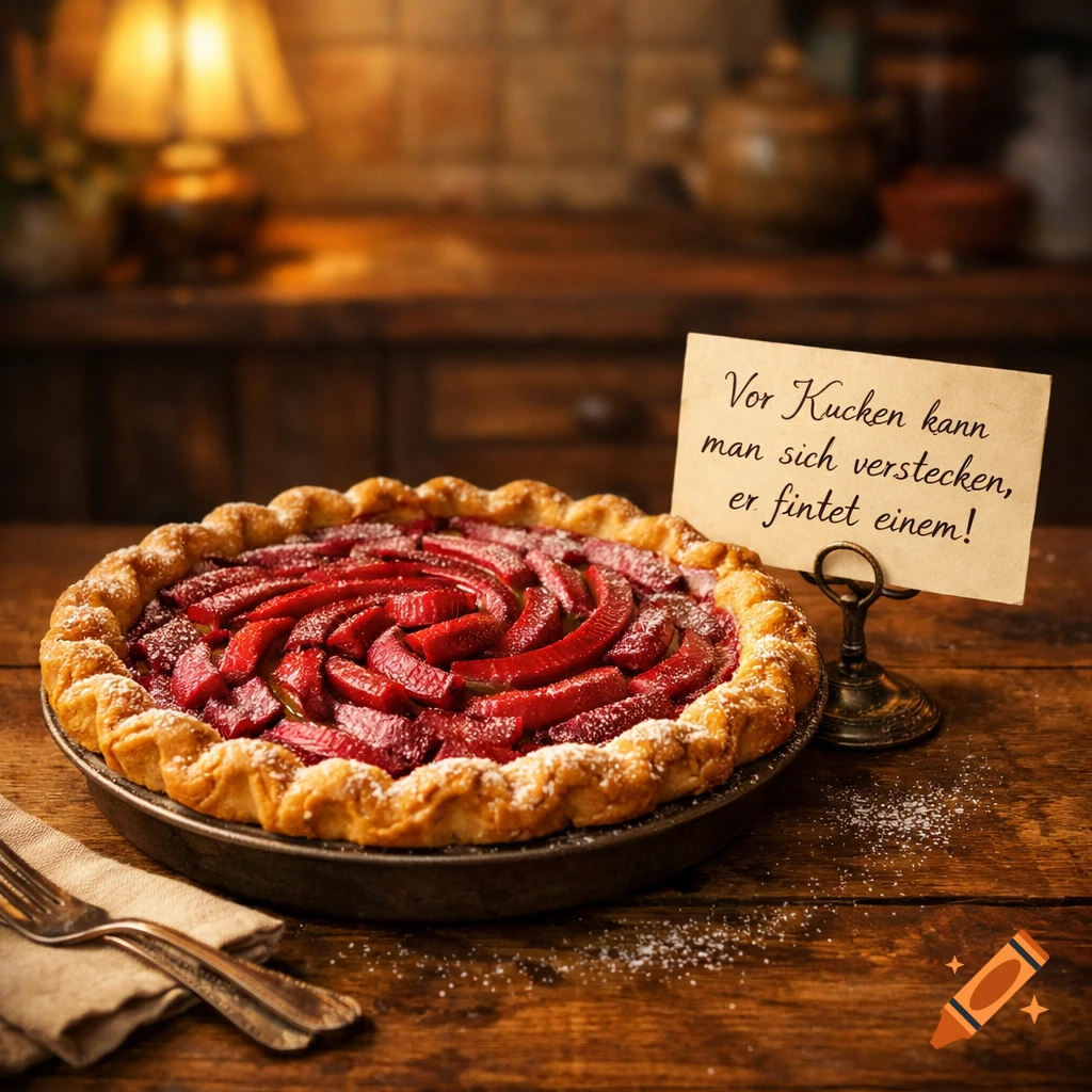 A rustic rhubarb pie dusted with powdered sugar, served on a wooden table alongside a small note and a fork, in a warm, dimly lit kitchen.