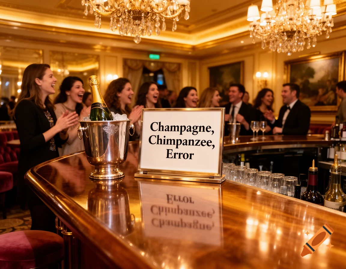 People laugh and clap around a bar with a champagne bucket and a sign saying 'Champagne, Chimpanzee, Error' in a luxurious setting.
