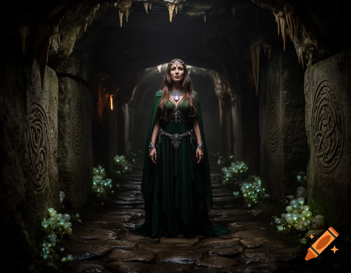 A mystical druidess in a dark green dress and silver jewelry stands in a dimly lit cave with glowing plants and carved stone pillars.