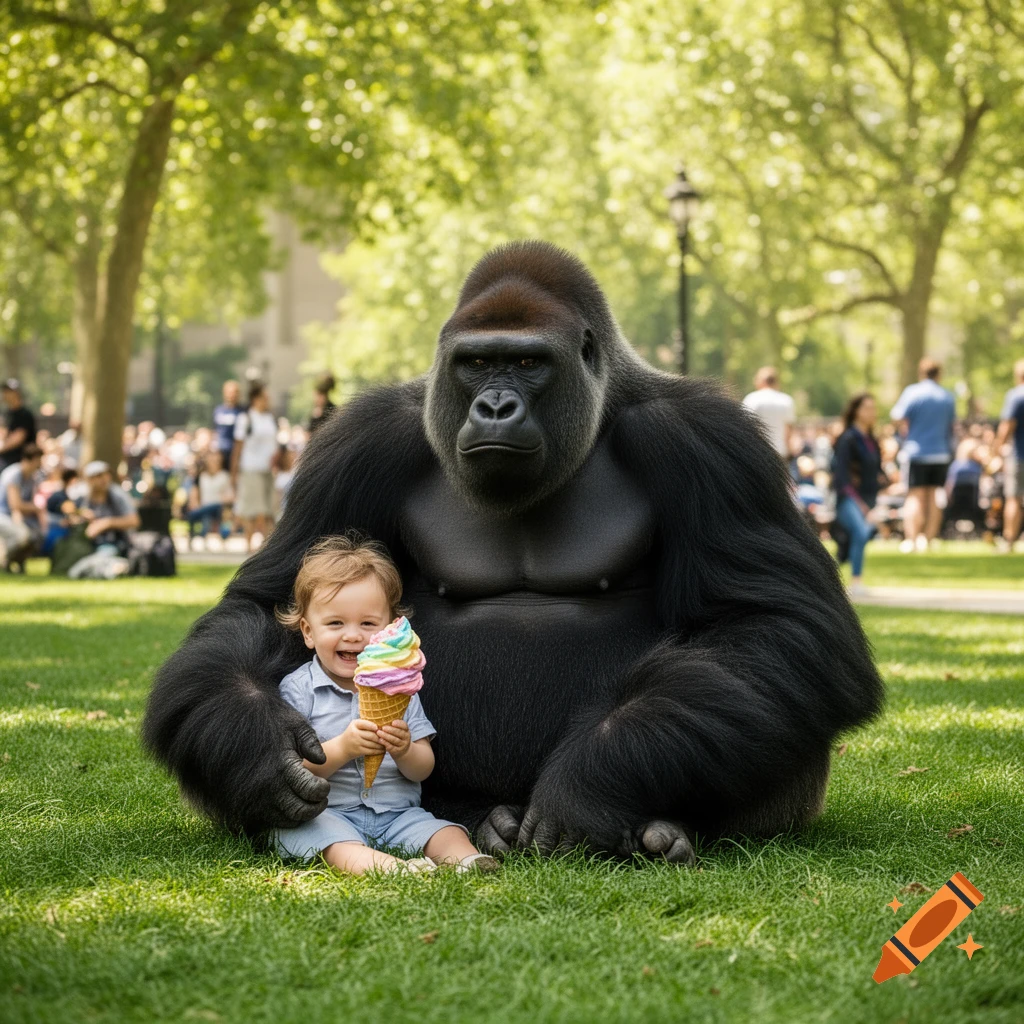 A photorealistic image of a smiling baby sitting next to a large gorilla in a park, holding a rainbow ice cream cone.