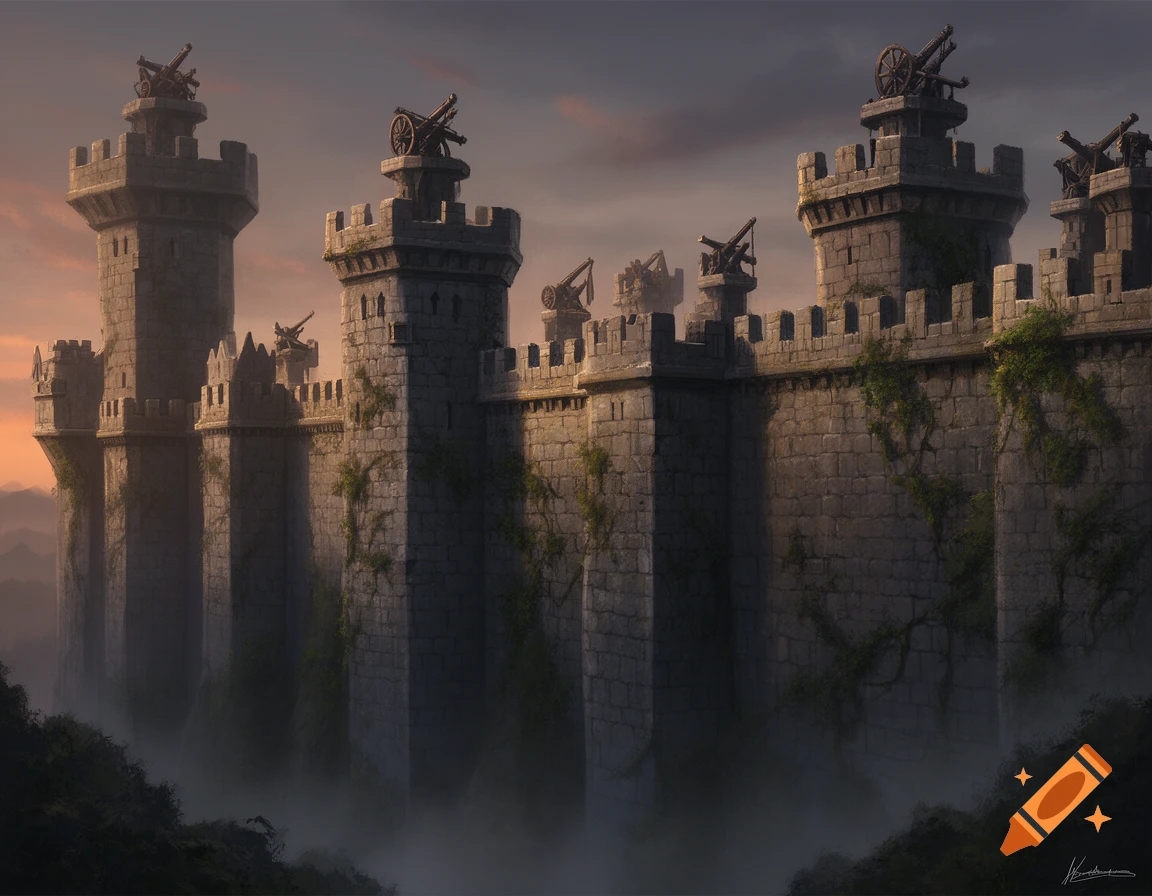 A majestic fantasy castle wall with multiple stone towers, each topped with a large cannon, set against a sunset sky with a misty foreground.