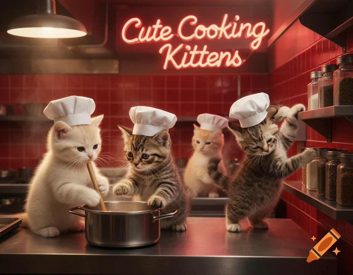 Four cute kittens wearing chef hats are busy cooking in a red-tiled kitchen with a neon sign above, photorealistic.