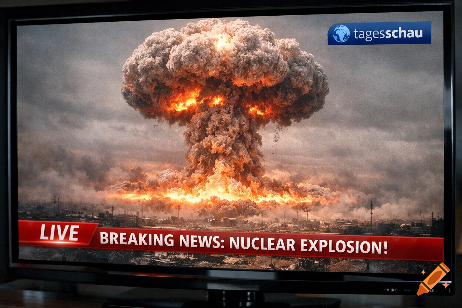Photorealistic TV screen showing breaking news of a nuclear explosion with a mushroom cloud and 'tagesschau' logo.