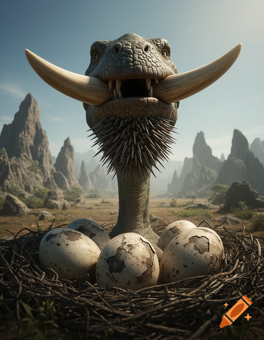 A close-up of a reptilian creature with large tusks, a spiked chin, and scale-like skin, guarding a nest of eggs in a rocky landscape.