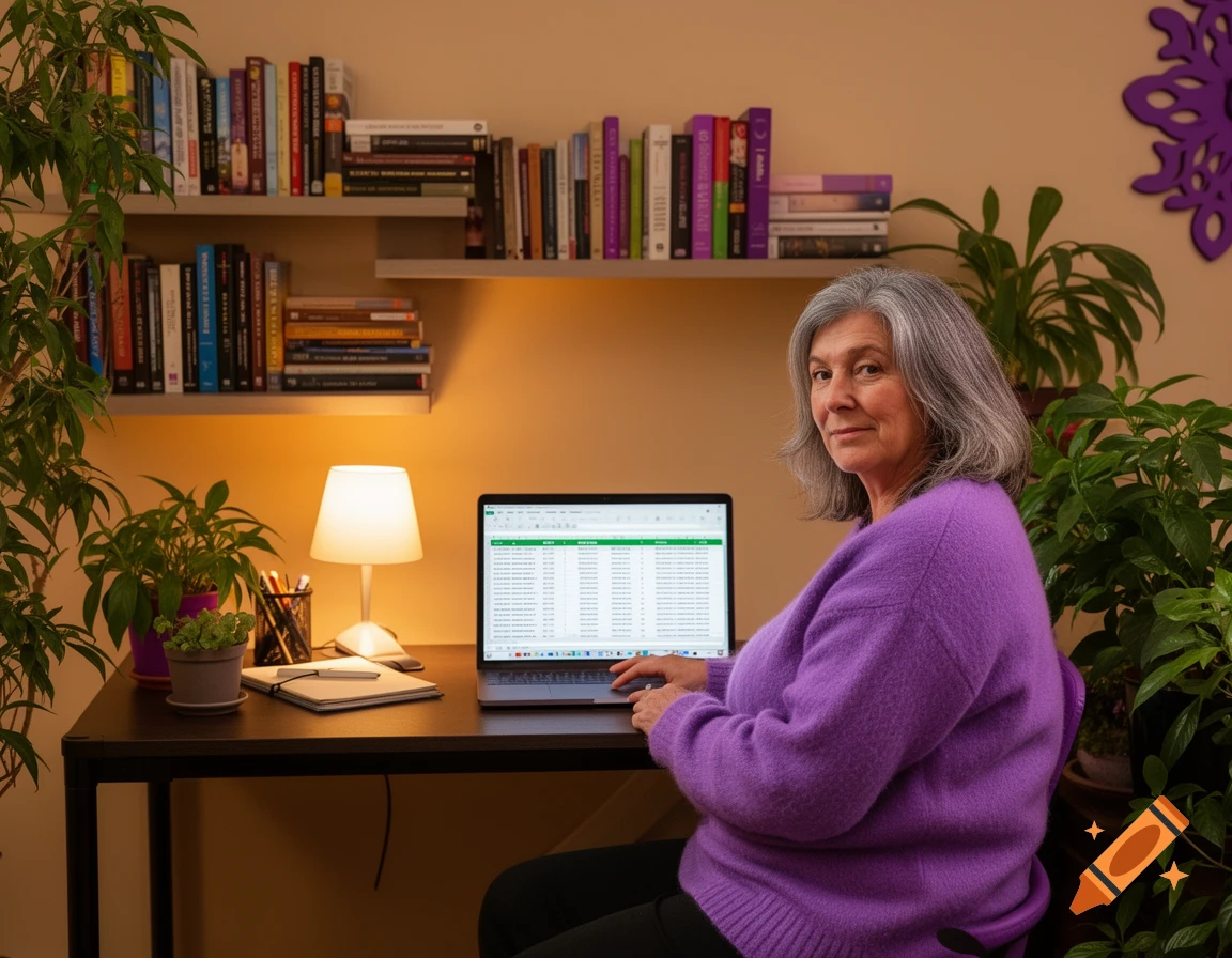 A woman with grey hair in a purple sweater works on a laptop at a home office desk with plants and bookshelves.