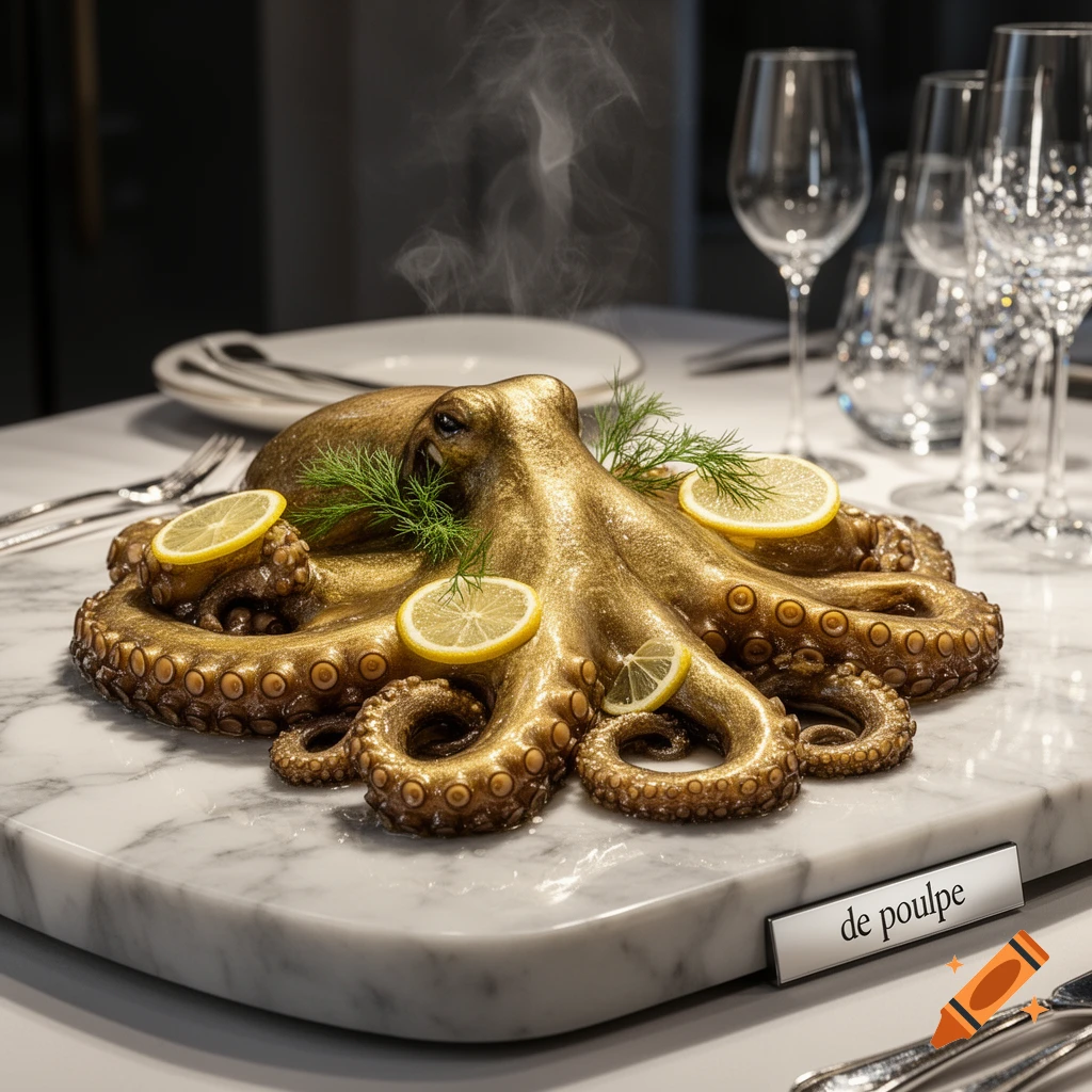 A photorealistic golden octopus dish garnished with lemon slices and dill, steaming on a white marble board in a fine dining setting with a label reading "de poulpe".