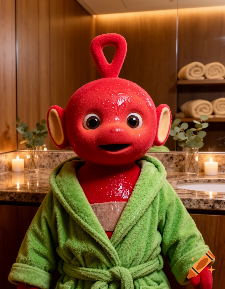 Photorealistic wet red Teletubby in a green open bathrobe in a hotel spa bathroom.