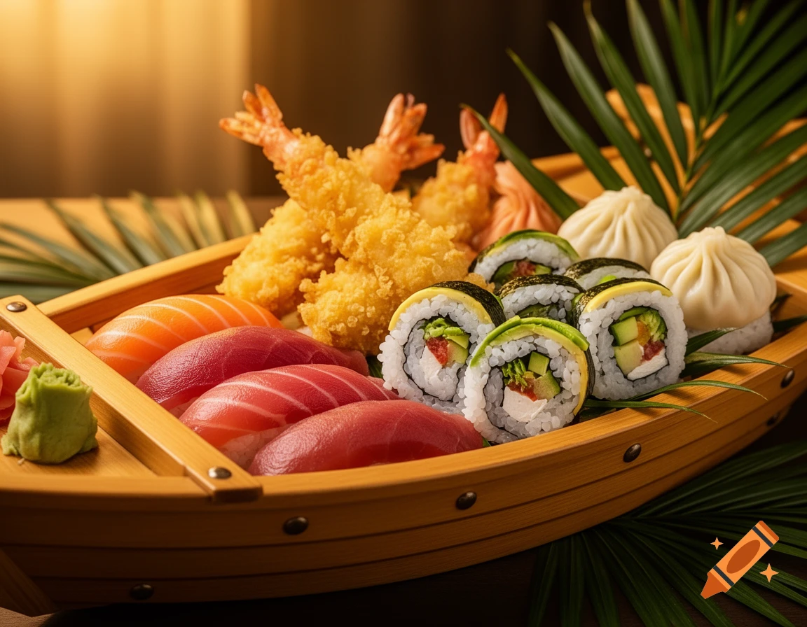 A professional photo of a Japanese wooden sushi boat filled with salmon nigiri, veggie maki rolls, tempura shrimp, and dim sum buns, adorned with tropical palm leaves.
