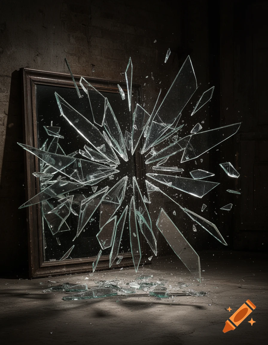 A photorealistic image of a mirror shattering into many sharp glass shards in a dark, dimly lit room.