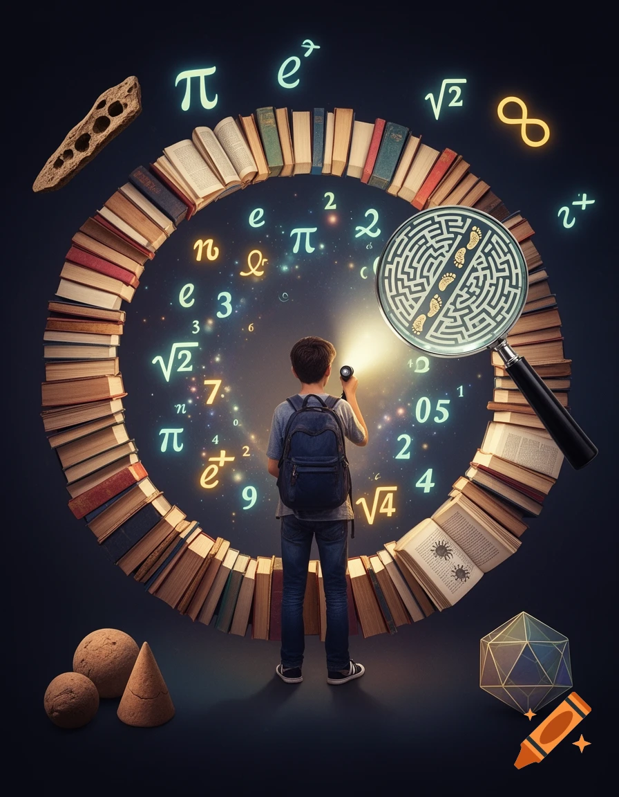 A boy with a backpack and flashlight stands amidst glowing mathematical symbols within a circle of books, with a magnifying glass, ancient artifacts, and geometric shapes around him. Stylized.