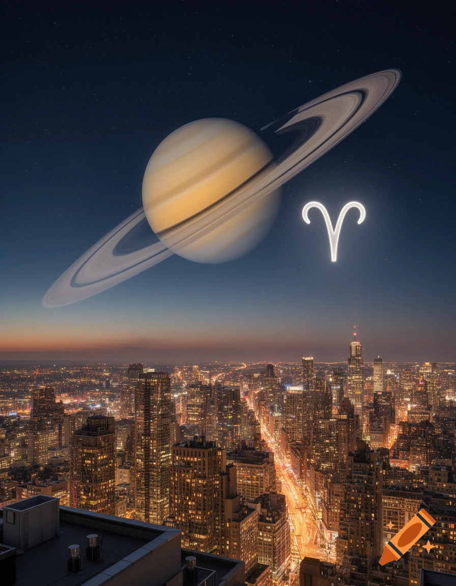 Photorealistic composite of Saturn and the Aries zodiac symbol floating above a vibrant, light-filled city at night.