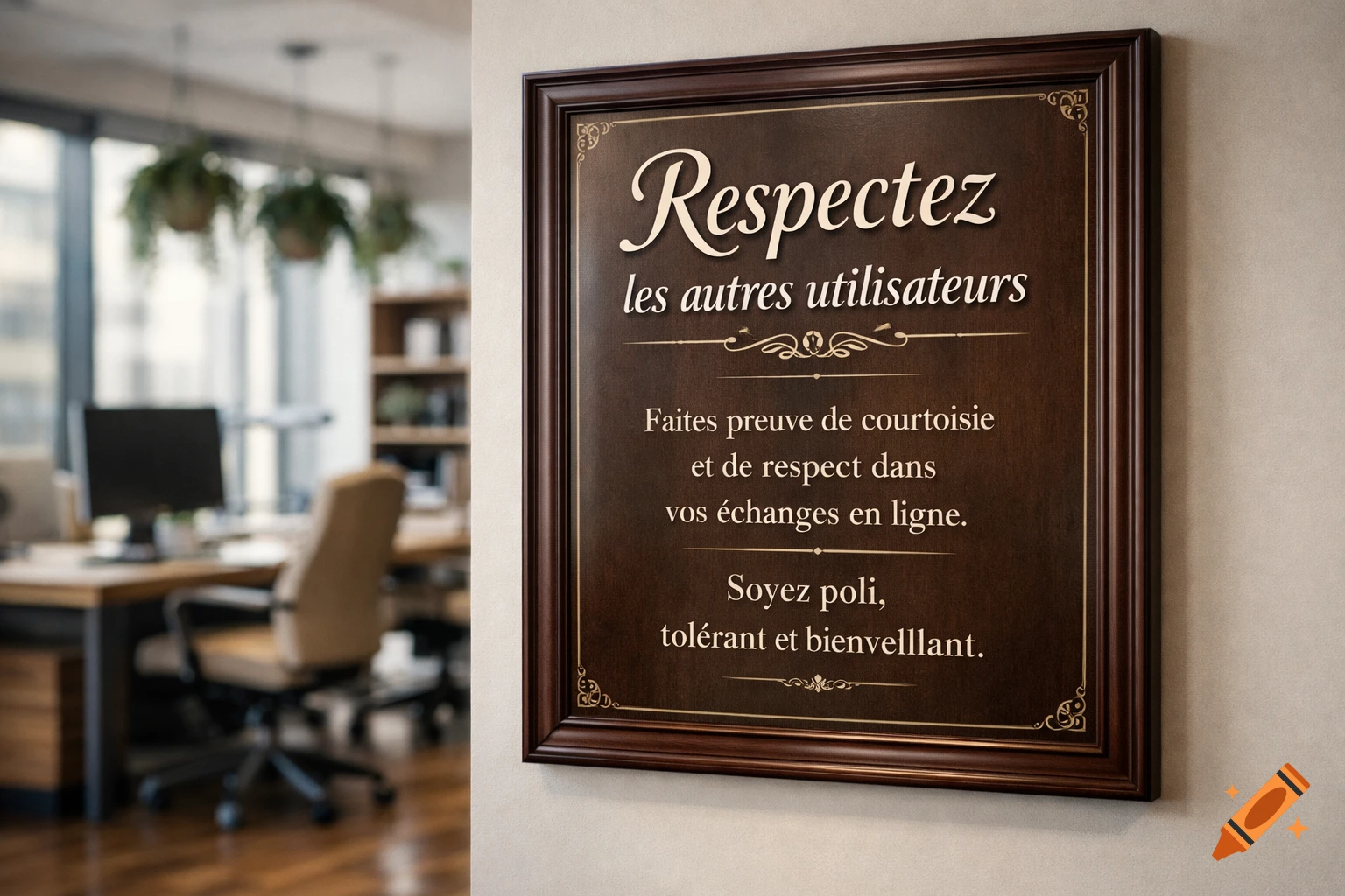 Framed wooden sign displaying French netiquette rules on a wall in a blurred modern office setting.
