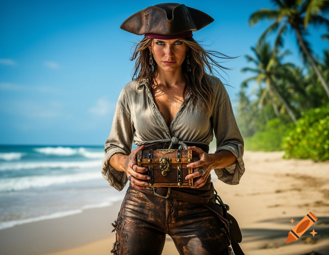 Hyperrealistic portrait of a female pirate holding a small treasure chest on a sunny tropical beach.
