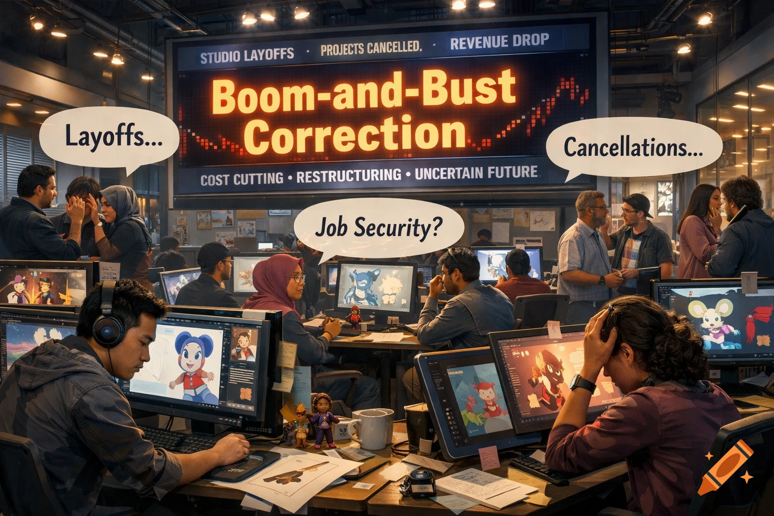 Animators look stressed in a busy office, with a large screen displaying 'Boom-and-Bust Correction' and 'Layoffs', reflecting industry worries.