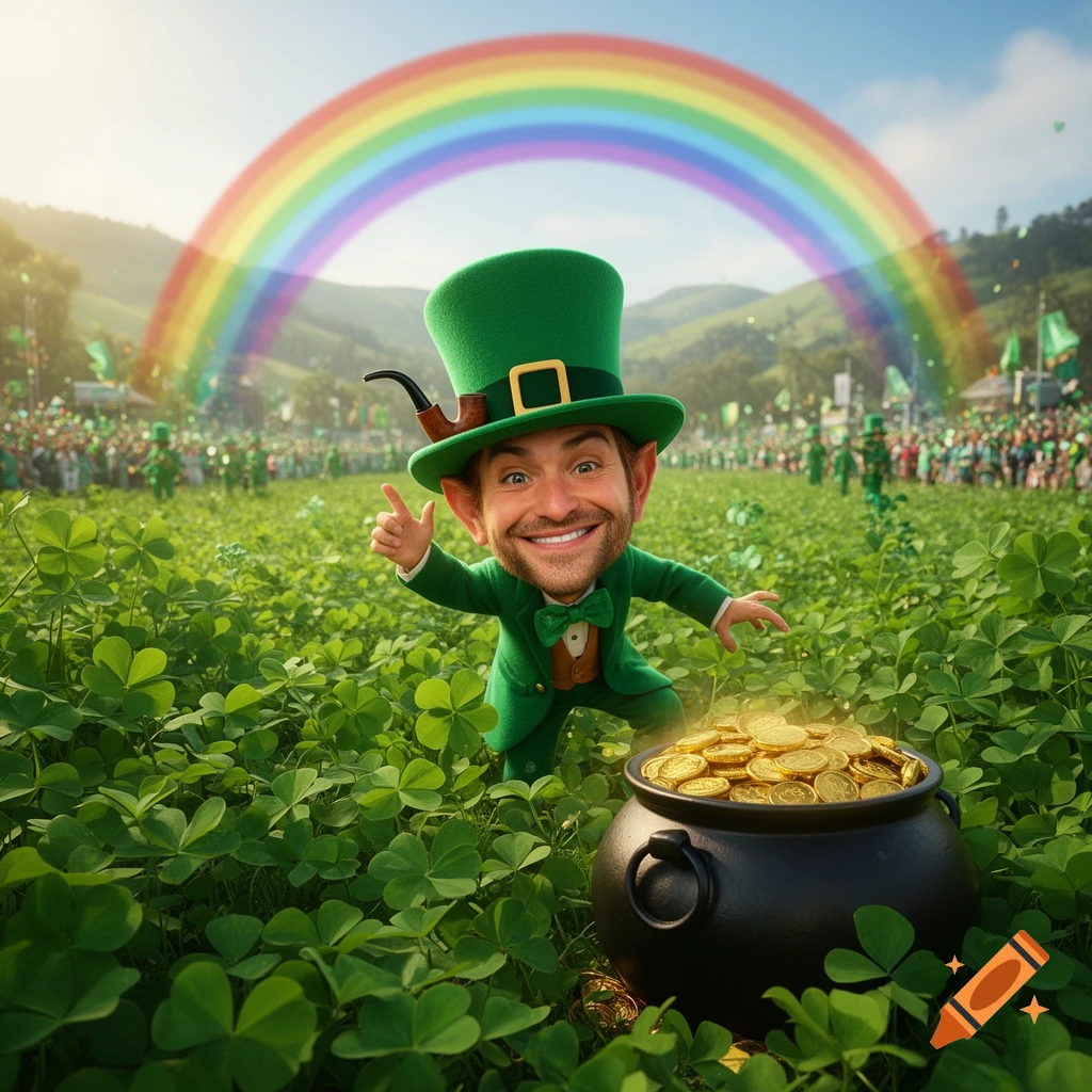A smiling leprechaun with a large head and green hat stands in a field of clovers next to a pot of gold under a rainbow.