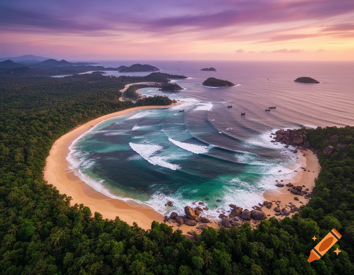 Aerial view of a scenic tropical coastline at sunset, with a curved sandy beach, turquoise waves, dense forests, and distant islands.