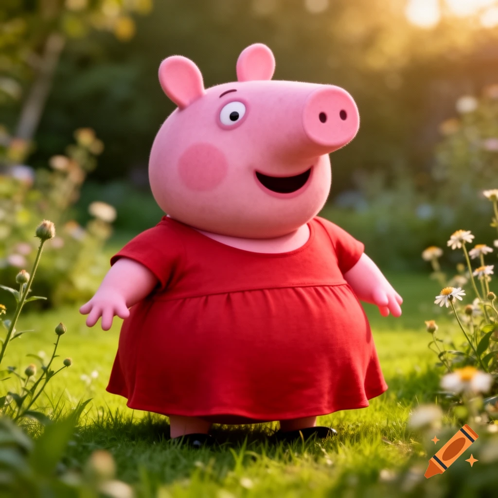 Cartoon Peppa Pig in a red dress stands smiling in a sunny green field with white flowers.