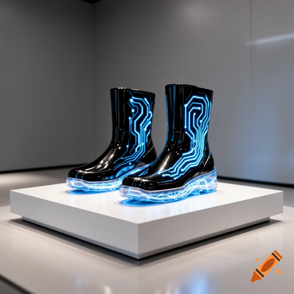 A pair of sleek black boots with glowing blue circuit patterns and clear soles, displayed on a white pedestal.
