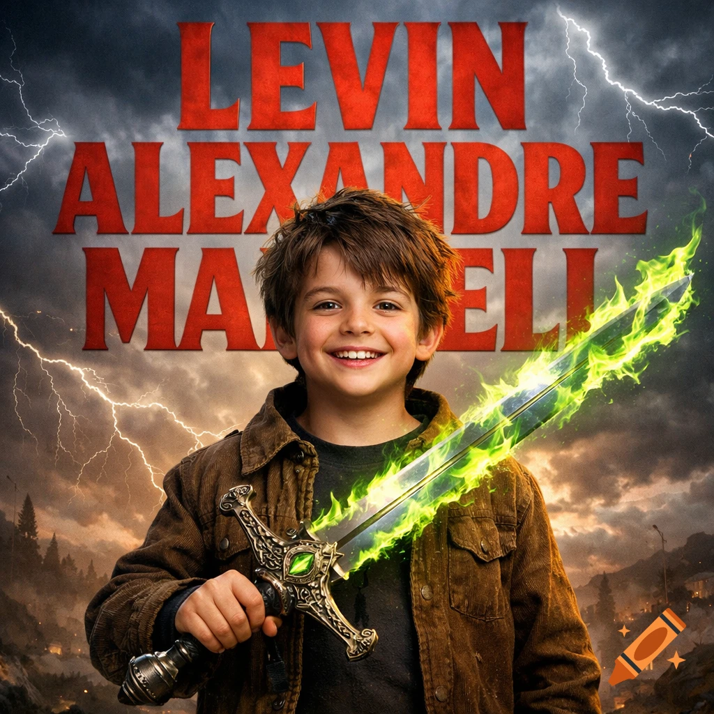 A smiling young boy holds a glowing green sword against a stormy sky with lightning and red text 'LEVIN ALEXANDRE MAXWELL'.