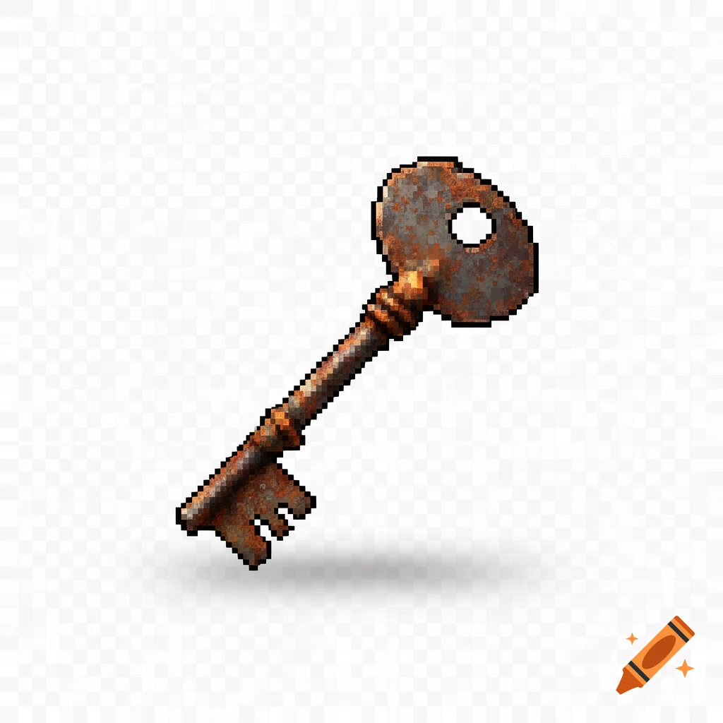 A rusty pixel art key with a transparent background.