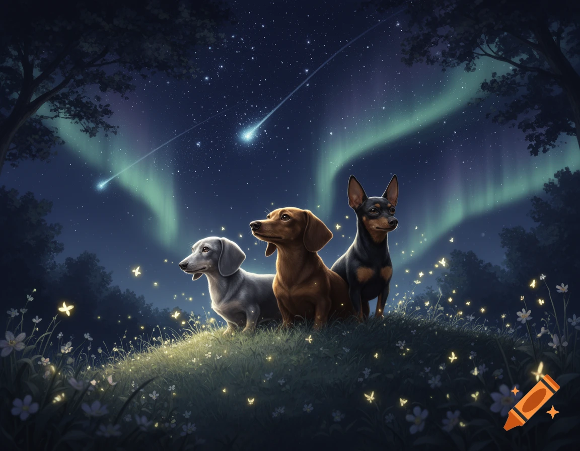 Three dogs, two dachshunds and a miniature pinscher, sit on a grassy hill under a magical night sky with aurora borealis, shooting stars, and glowing flowers.