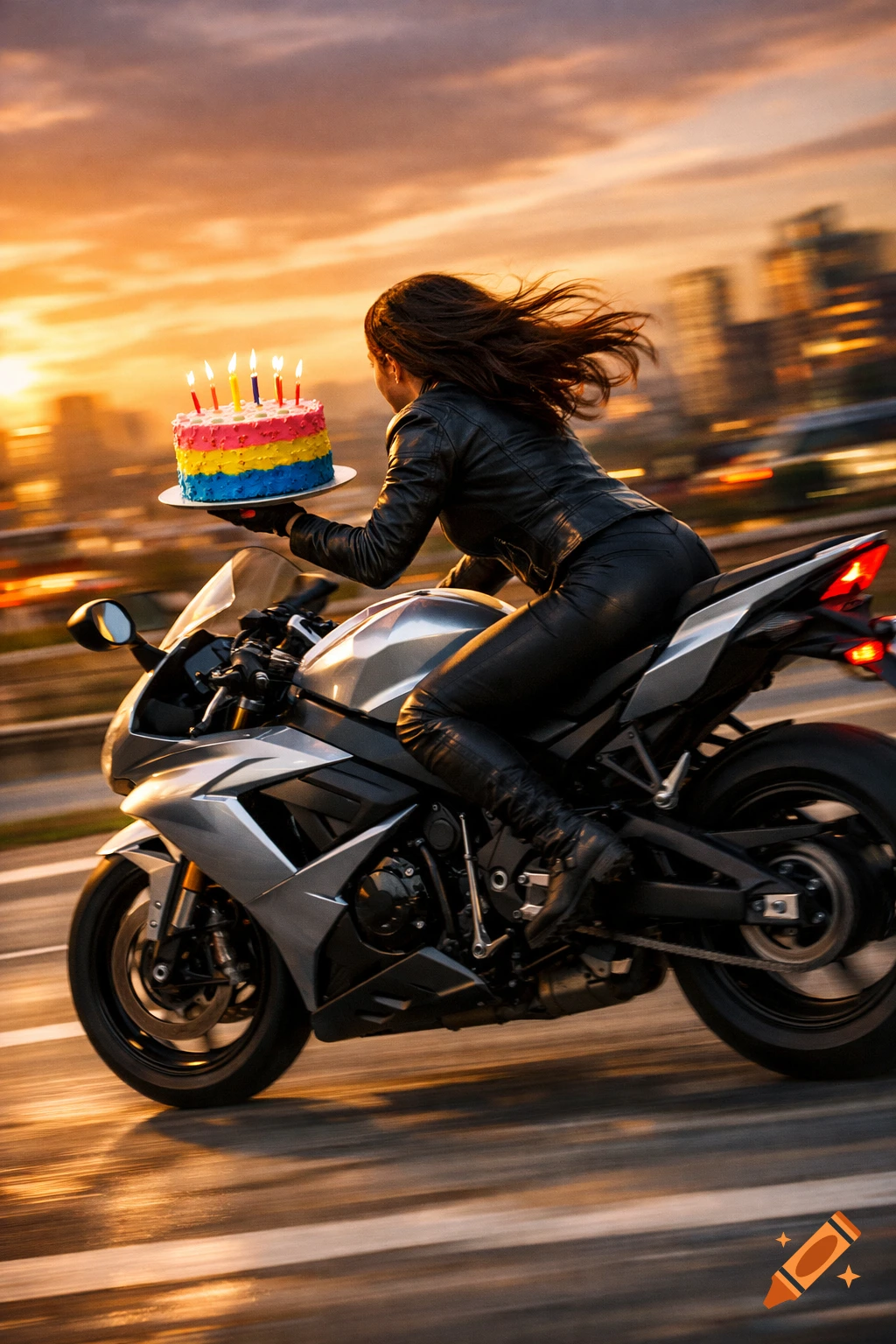 A woman on a silver motorcycle speeds down a city road at sunset, holding a lit birthday cake.