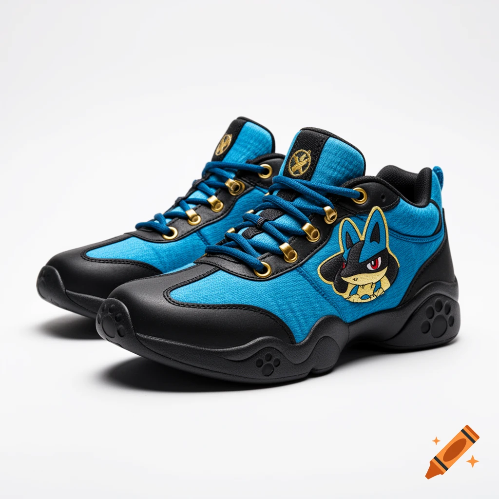 A pair of blue and black sneakers with gold accents and a Lucario character emblem on the side, displayed on a white background.
