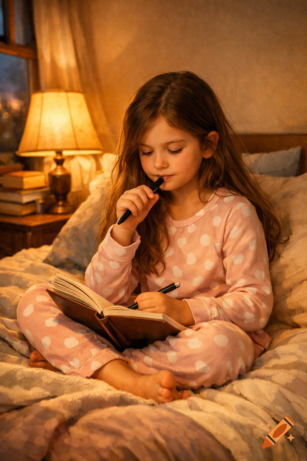 A young girl with long brown hair sits cross-legged on a bed in pink polka dot pajamas, writing in a journal by lamplight.