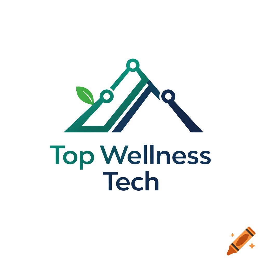 A clean, flat vector logo for Top Wellness Tech, featuring a stylized mountain icon made of teal and navy circuit lines with a green leaf, above the text 'Top Wellness Tech'.