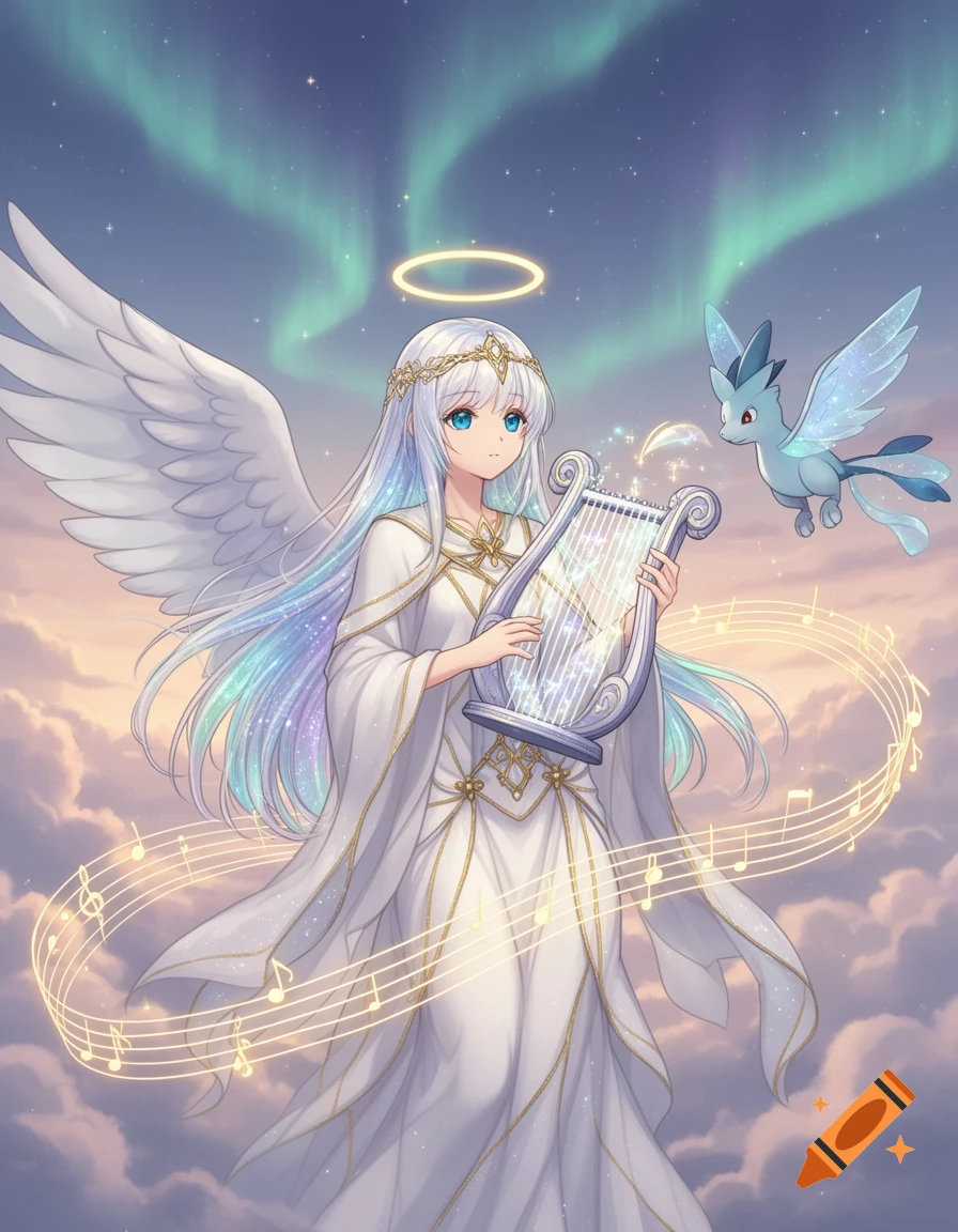 An anime angel with white wings and long, sparkling hair holds a harp, surrounded by musical notes, with a small blue winged creature beside her in a cloudy, aurora-lit sky.