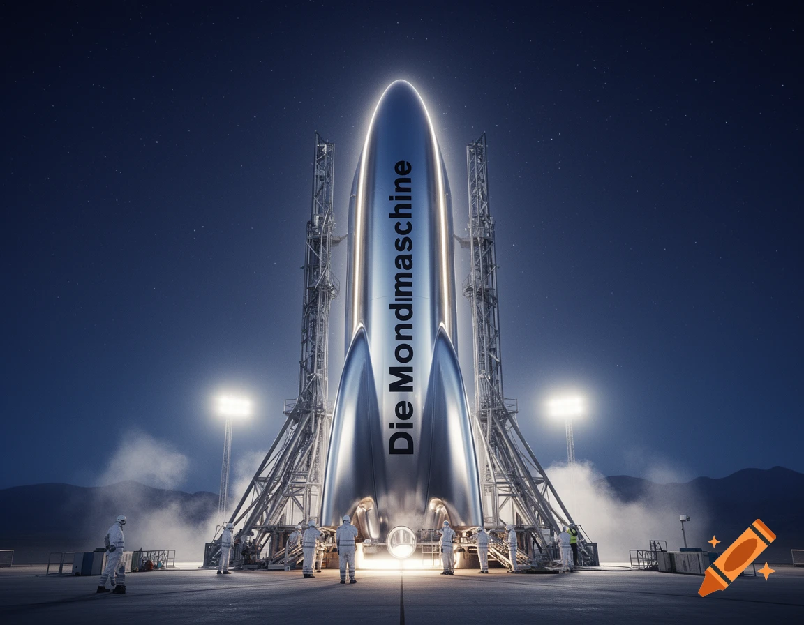 A large, silver rocket labeled "Die Mondmaschine" stands on a launchpad at night, illuminated by bright lights, with crew members in spacesuits nearby.