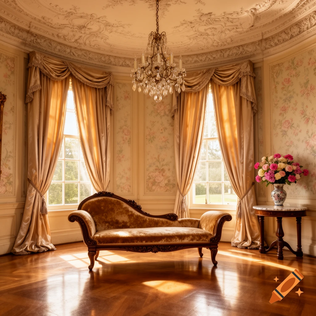 Opulent room with a velvet chaise lounge, crystal chandelier, and floral wallpaper, illuminated by sunlight through tall windows, in Bridgerton style.