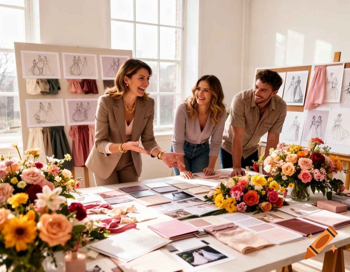 A wedding planner discusses plans with a smiling couple, surrounded by flower arrangements, invitations, and mood boards in a bright studio.