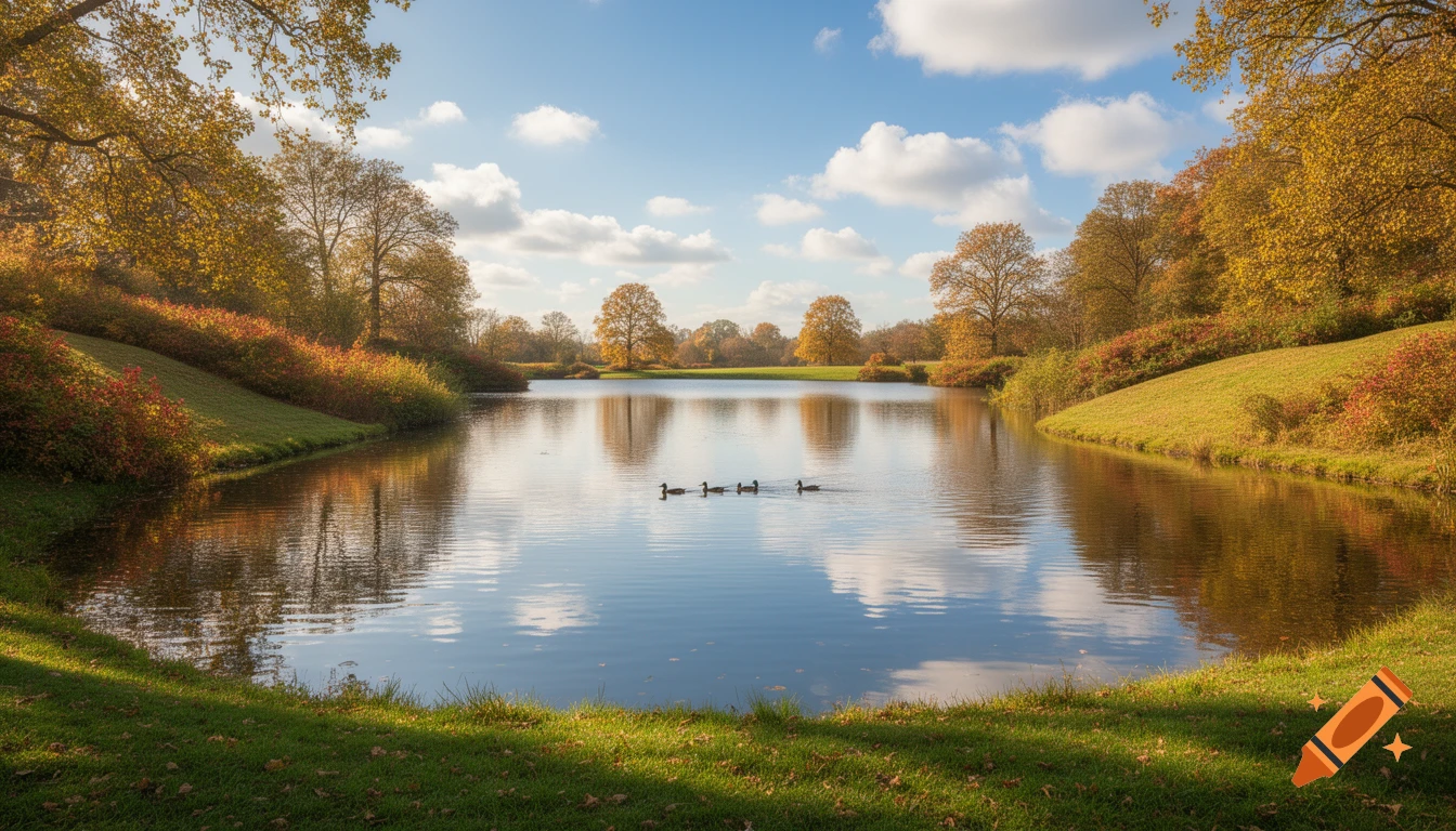 A serene autumn pond with four ducks, surrounded by trees with vibrant yellow and orange foliage under a sunny sky.