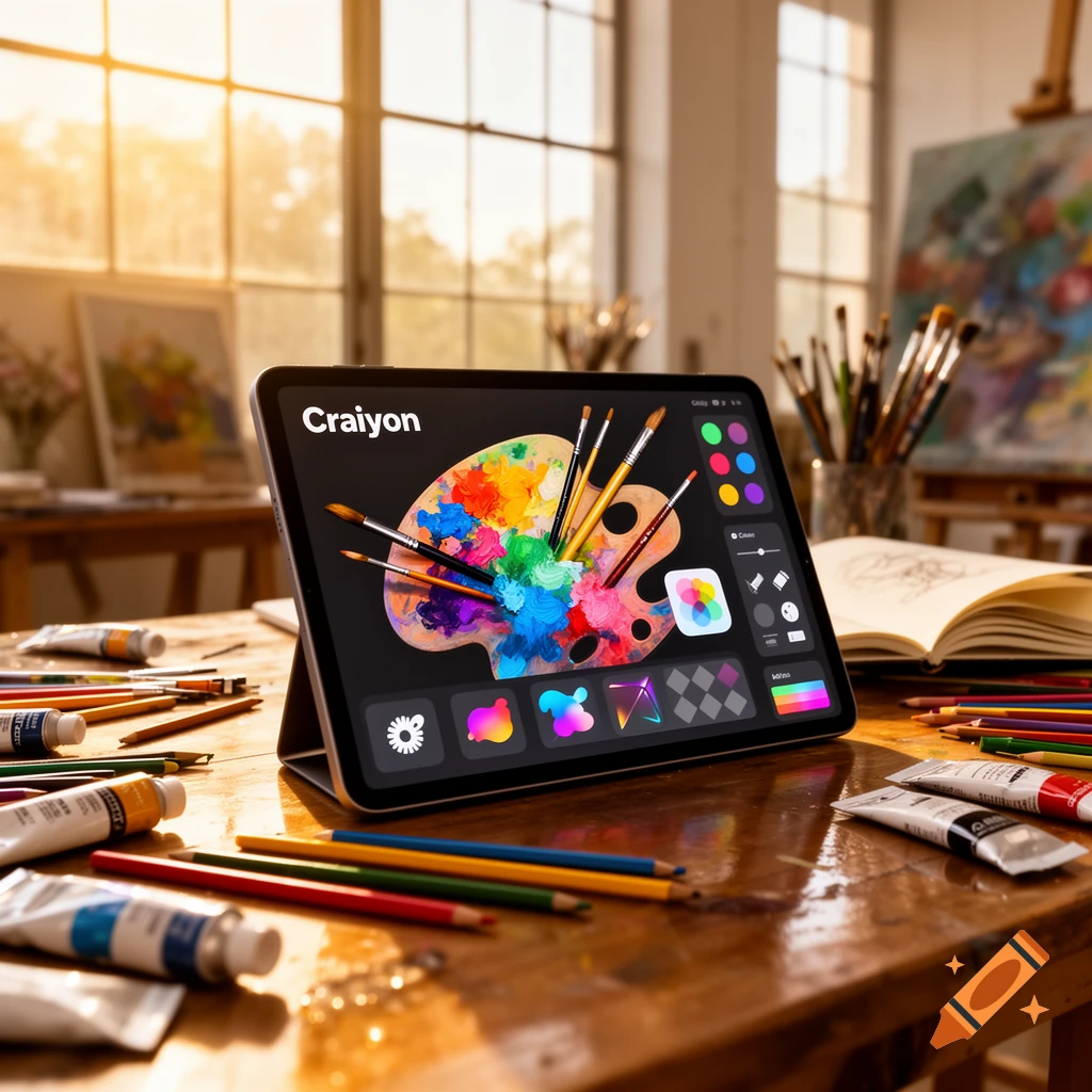 A tablet displaying an art app with a colorful palette on a wooden desk, surrounded by paint tubes and pencils in a sunlit art studio.