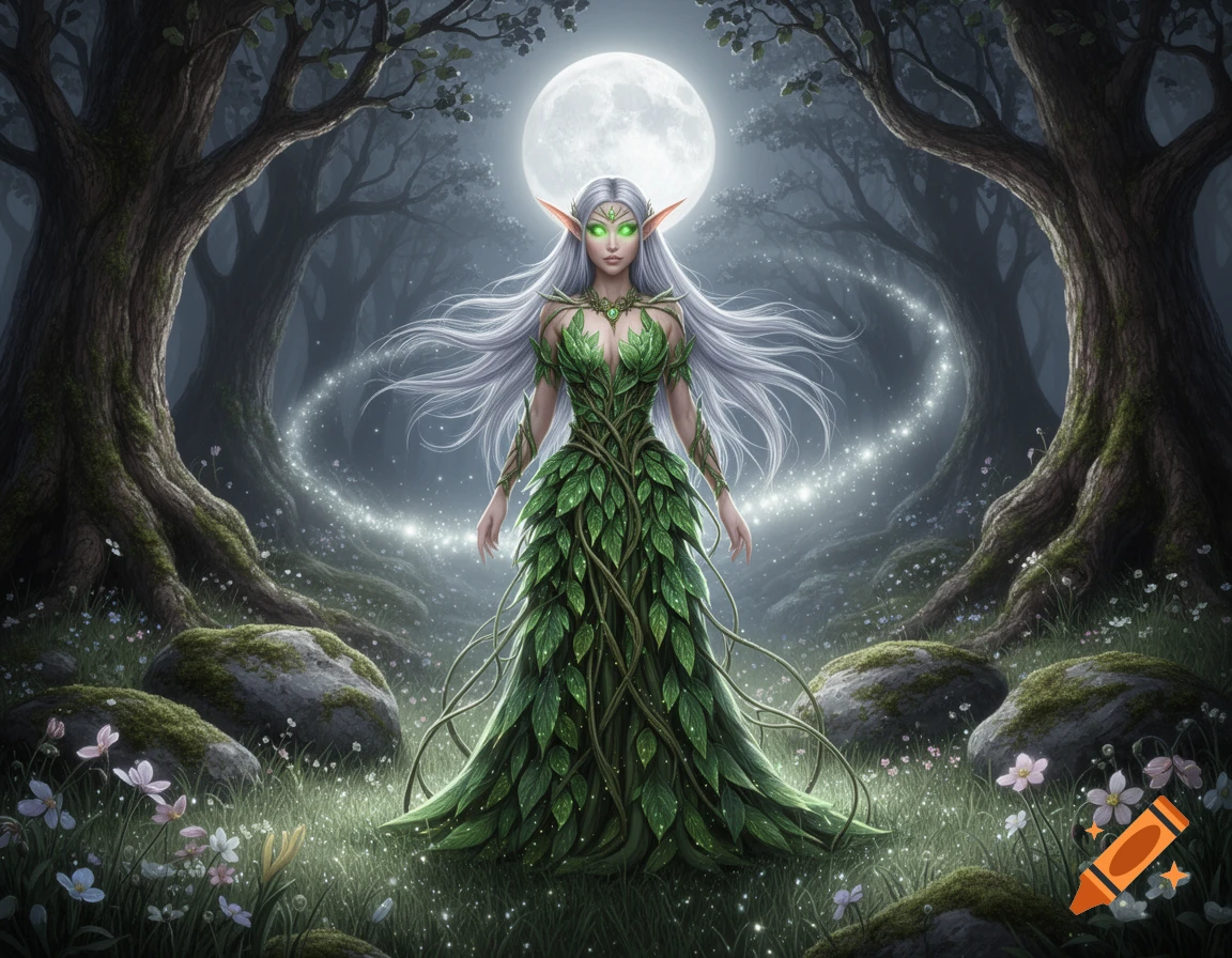 A mystical forest elf with glowing emerald eyes and long silver hair, wearing a leaf gown, stands under a full moon in an enchanted glade with magical light.