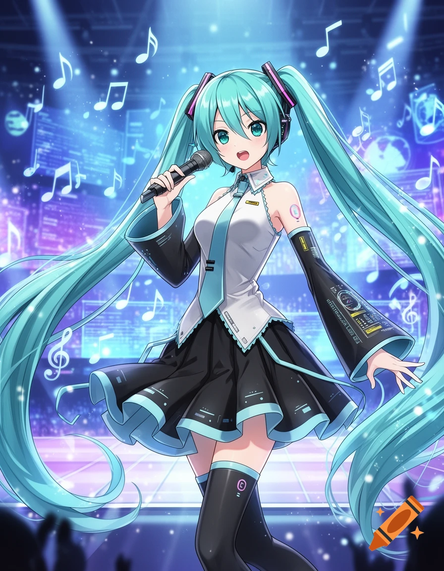 Hatsune Miku, an anime character with long turquoise pigtails, sings on a stage under blue lights with musical notes floating around her.