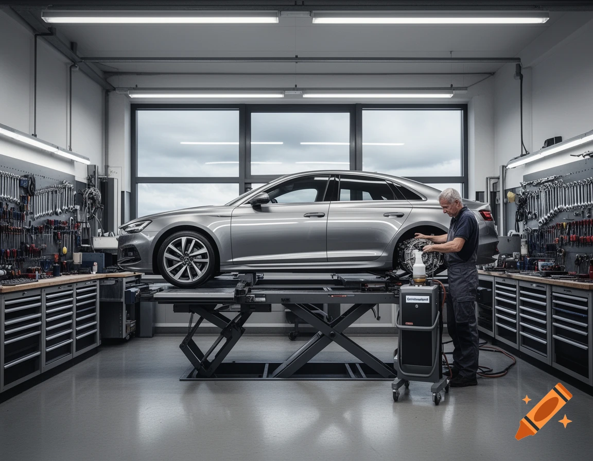 A photorealistic image of a mechanic working on a silver car on a lift in a well-equipped auto workshop, with tools lining the walls.