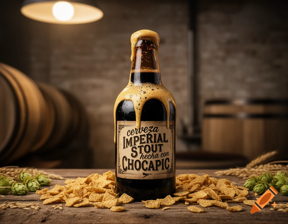 An overflowing bottle of dark Imperial Stout beer labeled 'hecha con Chocapic' surrounded by cereal flakes, hops, and wheat on a wooden table.
