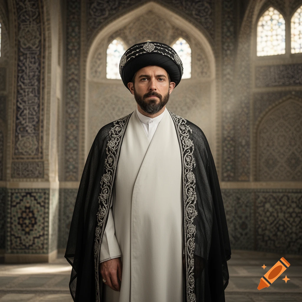 A bearded man in a black and white embroidered cloak and black turban stands in an ornate mosque with patterned walls.