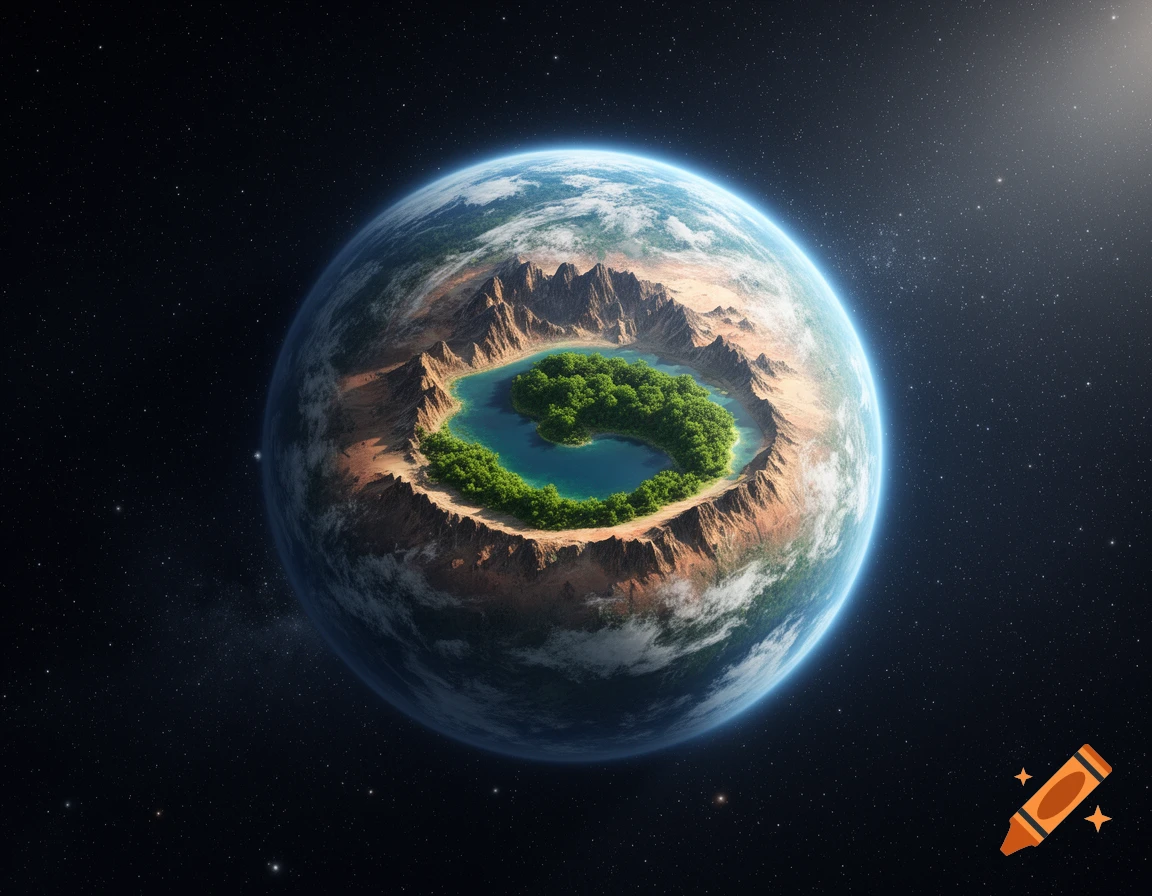 A planet viewed from space, revealing a large circular island with green trees and a lake, surrounded by a mountainous crater.