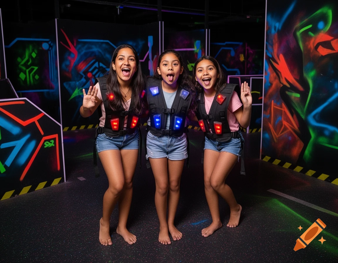 Three happy girls in laser tag vests and shorts pose barefoot in a neon-lit laser tag arena, making silly faces at the camera.