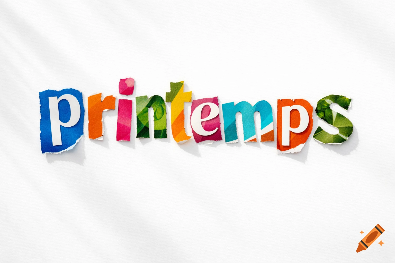The word 'printemps' spelled with colorful, textured paper cut-out letters on a white background.