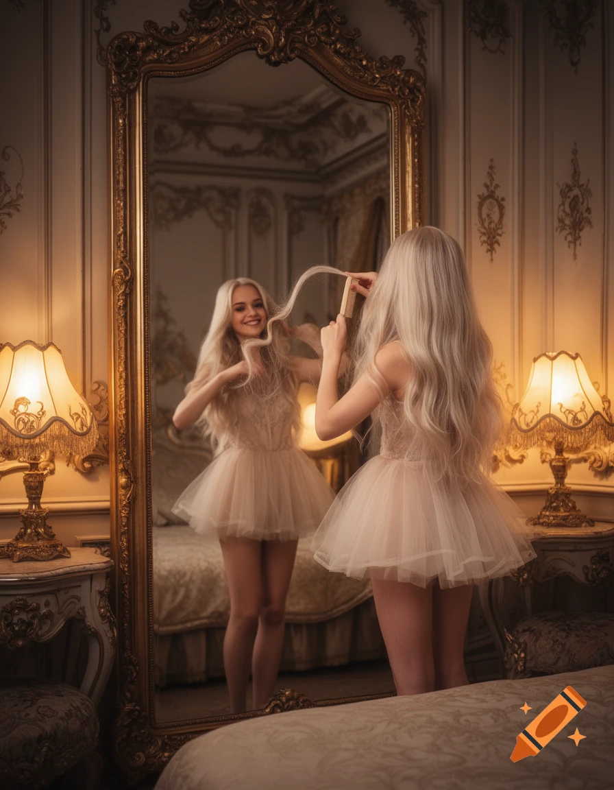 Young blonde woman in an elegant short petticoat combs her hair, smiling at her reflection in a baroque bedroom mirror. Photorealistic.