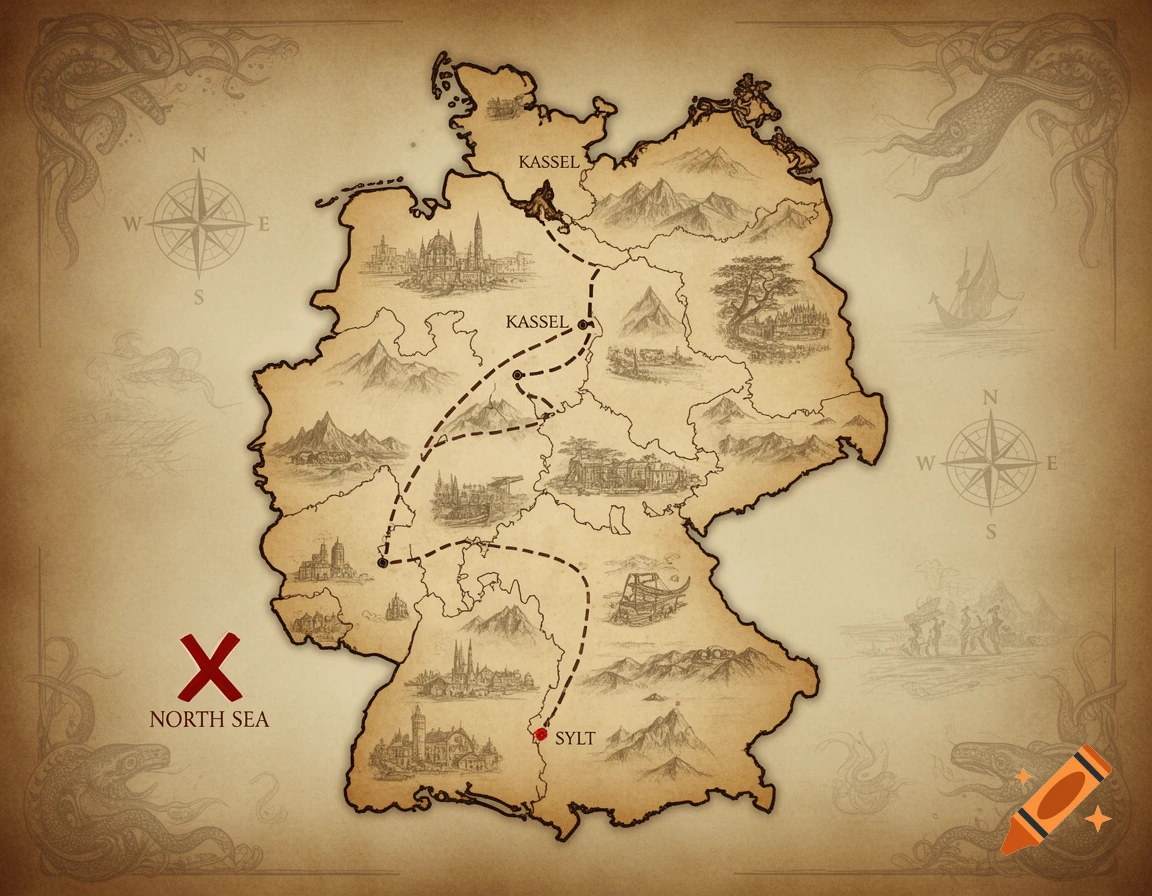 Antique treasure map of Germany with a dashed route from Kassel to Sylt, marked with an X in the North Sea. Features compass and sea creatures.