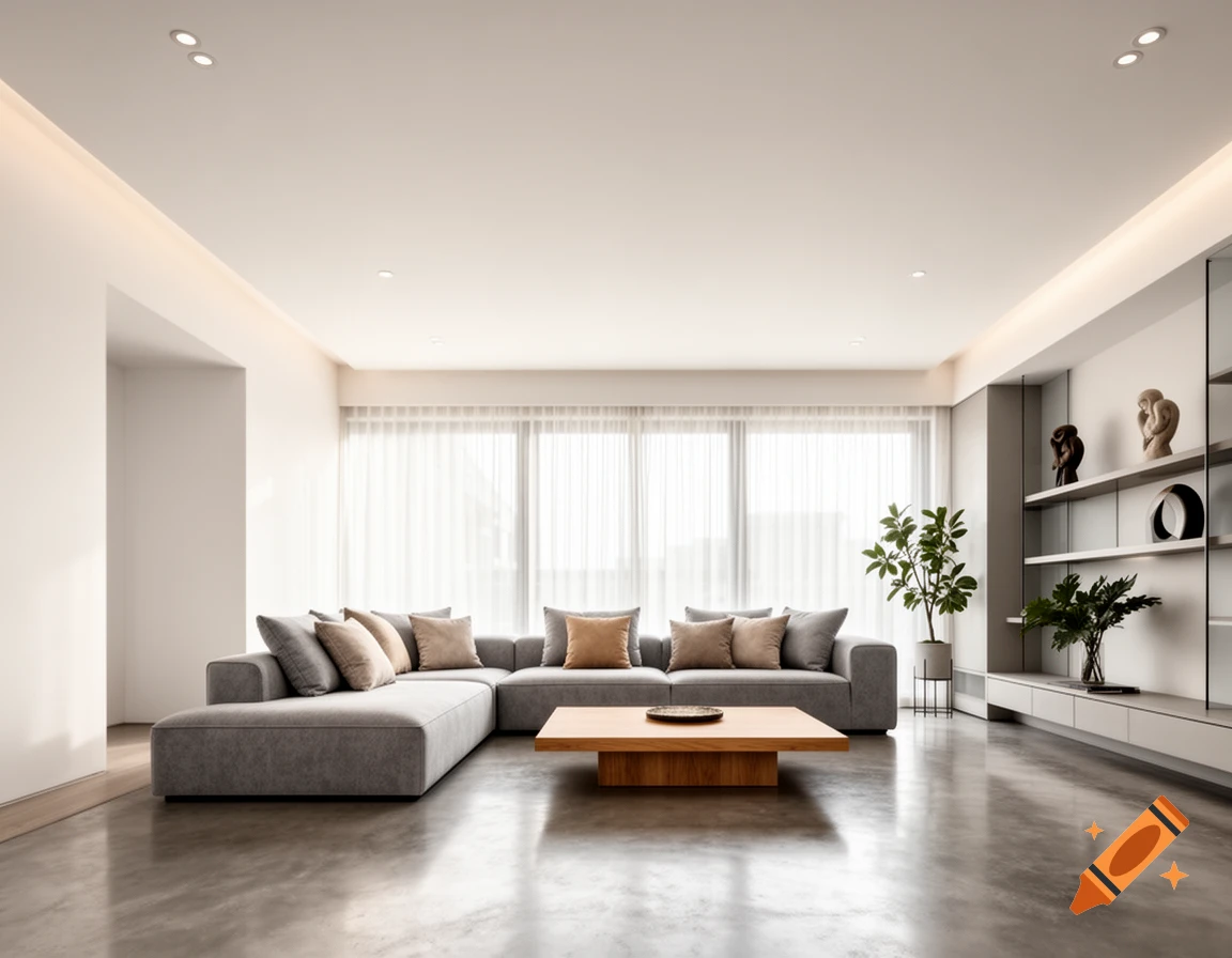 A minimalist modern living room with a large gray sectional sofa, a wooden coffee table, and large windows with sheer curtains.