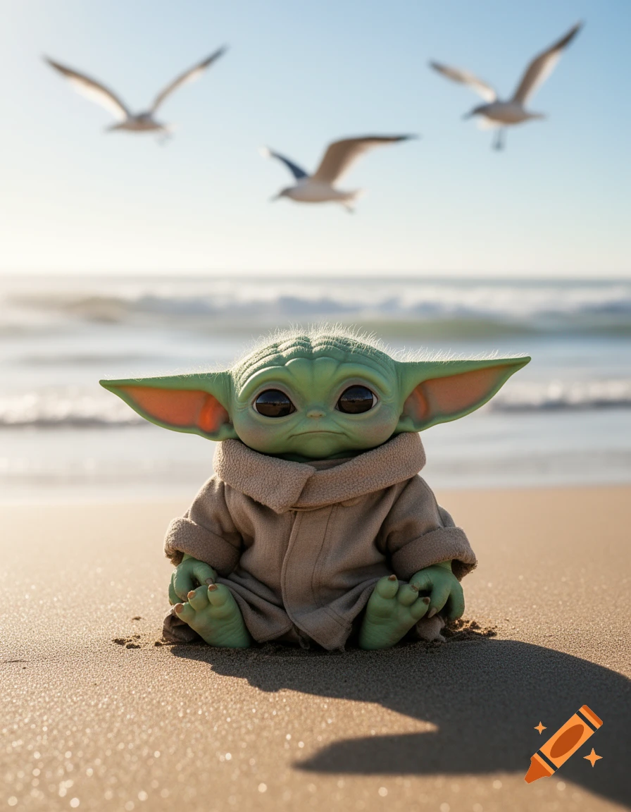 Photorealistic Grogu sits on a sandy beach, gazing at the ocean with three blurred seagulls flying overhead.